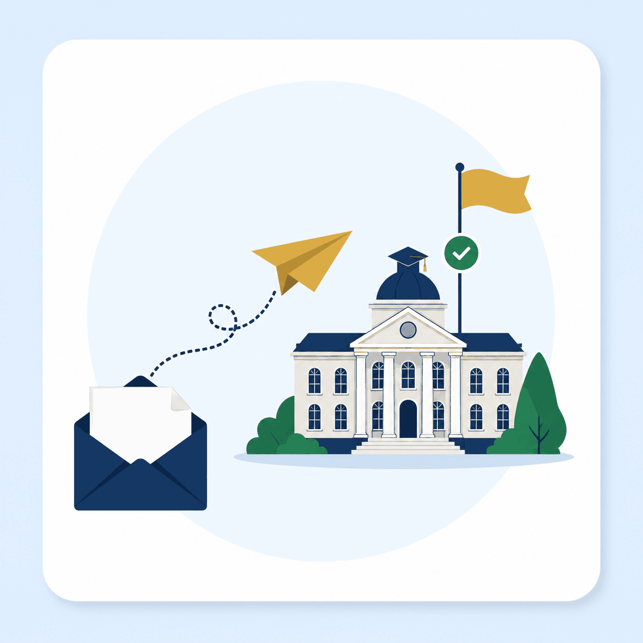 Illustration: ein Papierflieger fliegt zu einem Universitätsgebäude
